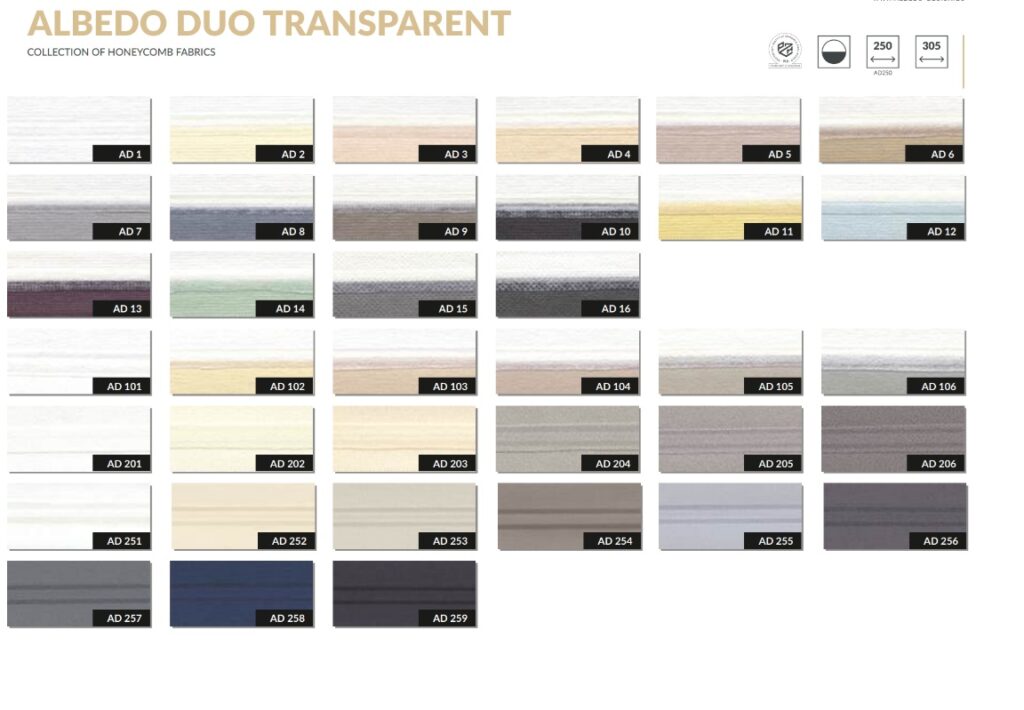 Plisy duet (honeycomb) – wzornik ALBEDO DUO TRANSPARENT – kody AD1–AD259 – Łódź