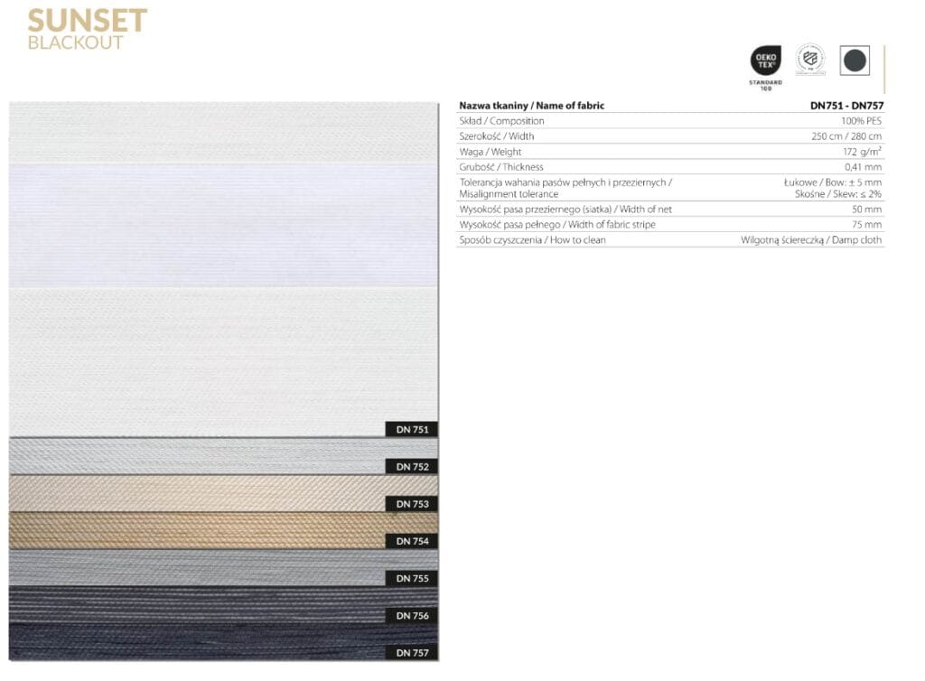 Wzornik tkanin Sunset Blackout DN751–DN757 do rolet dzień-noc – pełne zaciemnienie w eleganckich kolorach | Veo Design Łódź