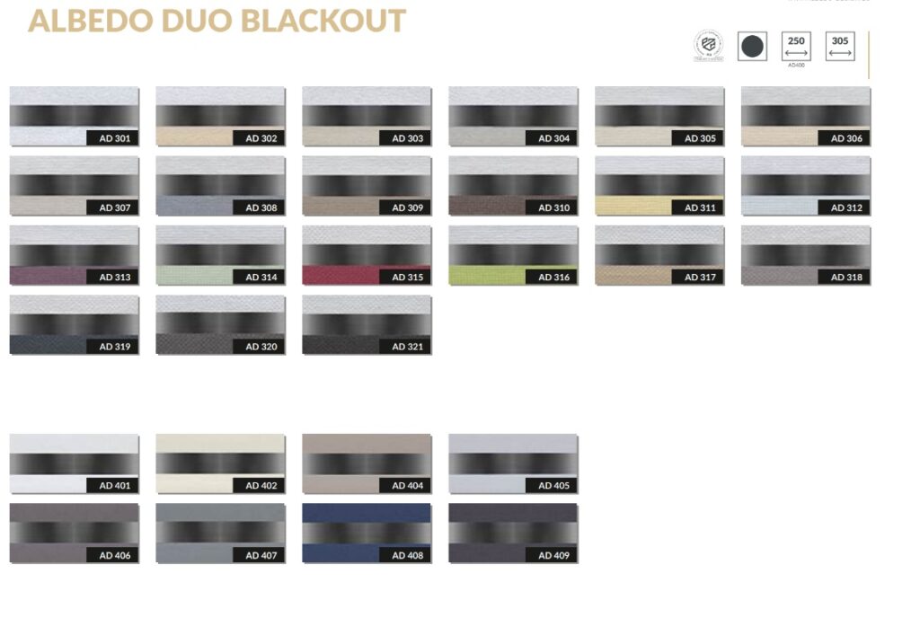 Plisy duet blackout – wzornik ALBEDO DUO BLACKOUT – kody AD301–AD321, AD401–AD409 – Łódź