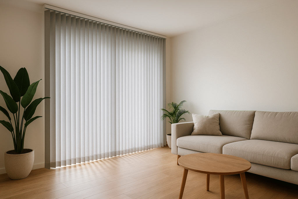 Żaluzje pionowe (verticale) – salon, jasne lamele 89 mm | Veo Design Żaluzje pionowe w salonie – jasna tkanina 89 mm – nowoczesne wnętrze – Łódź