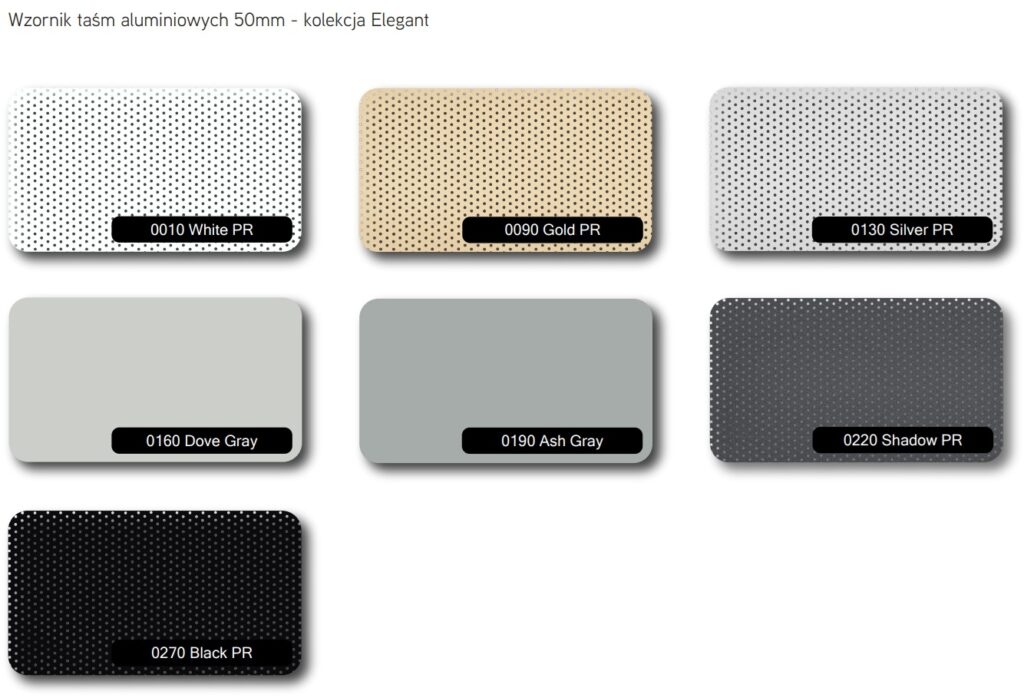 Wzornik lameli aluminiowych 50mm – kolekcja Elegant. Kolory: White PR, Gold PR, Silver PR, Dove Gray, Ash Gray, Shadow PR, Black PR.