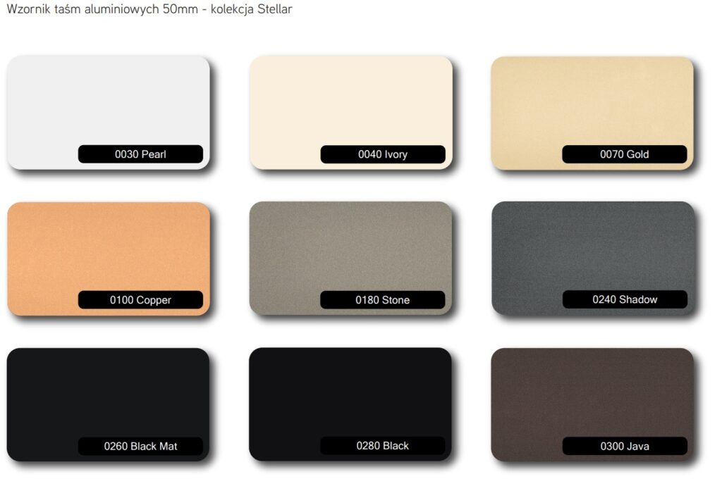 Wzornik lameli aluminiowych 50mm – kolekcja Stellar, dostępne kolory: Pearl, Ivory, Gold, Copper, Stone, Shadow, Black Mat, Black, Java.