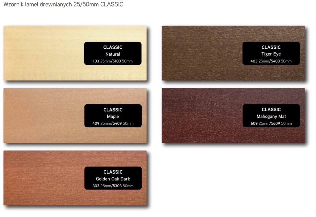Wzornik lameli drewnianych 25/50 mm CLASSIC – Natural, Tiger Eye, Maple, Mahogany Mat, Golden Oak Dark – żaluzje drewniane Łódź.