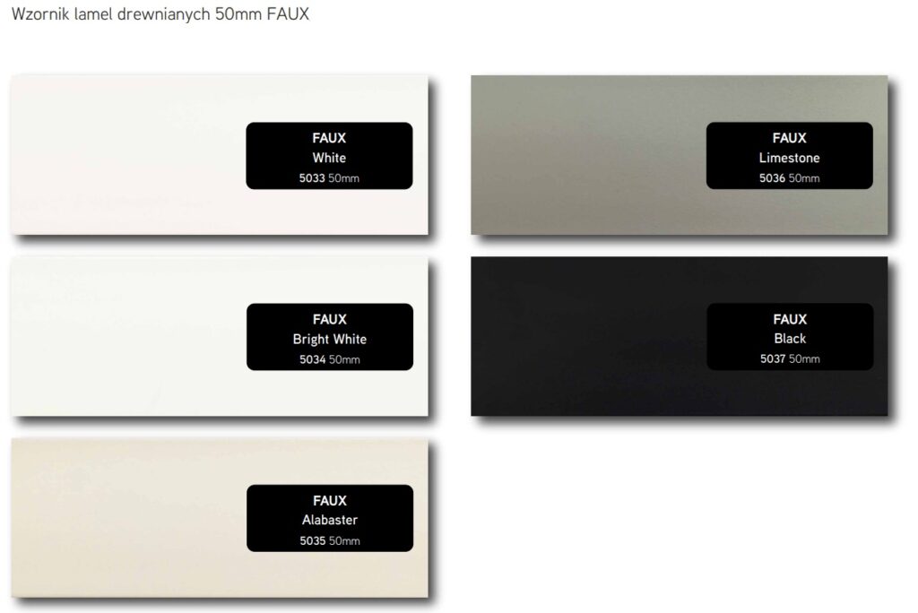 Wzornik lameli drewnianych FAUX 50 mm – White, Bright White, Alabaster, Limestone, Black – żaluzje drewniane Łódź.