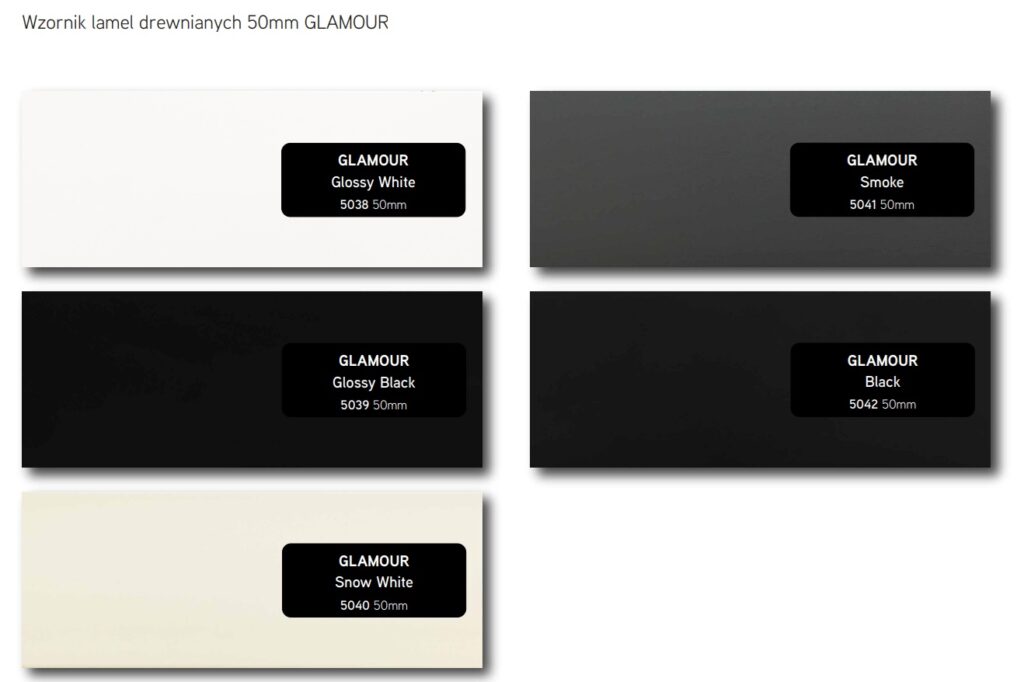 Wzornik lameli drewnianych GLAMOUR 50 mm – Glossy White, Snow White, Glossy Black, Black, Smoke – żaluzje drewniane Łódź.