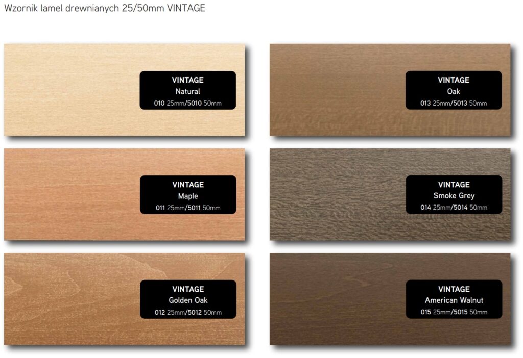 Wzornik lameli drewnianych 25/50 mm VINTAGE – Natural, Oak, Maple, Smoke Grey, Golden Oak, American Walnut – żaluzje drewniane Łódź.
